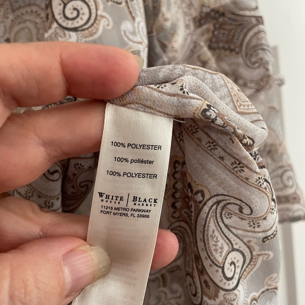 White House Black Market Beige Paisley Tie-Neck Blouse - Picture 8 of 9
